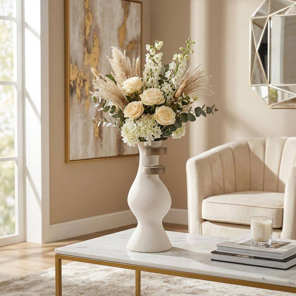 18 in. Ivory Ceramic Cylinder Abstract Decorative Vase