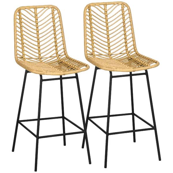 HOMCOM 40.25 in. H Yellow High Back Steel Frame Bar Stools with Rattan Seat (Set of 2)