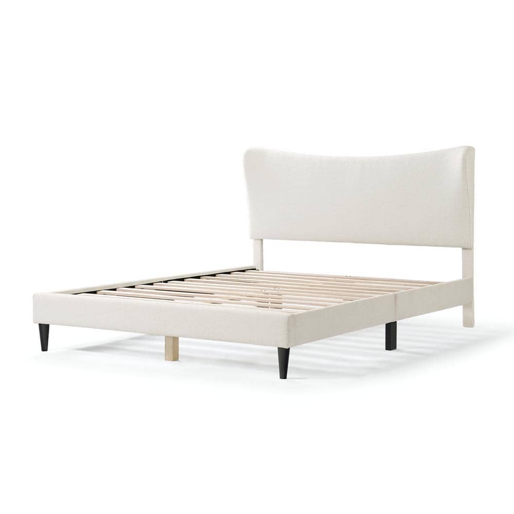 Cream Upholstered Queen Bed with Nailhead Trim and Slats