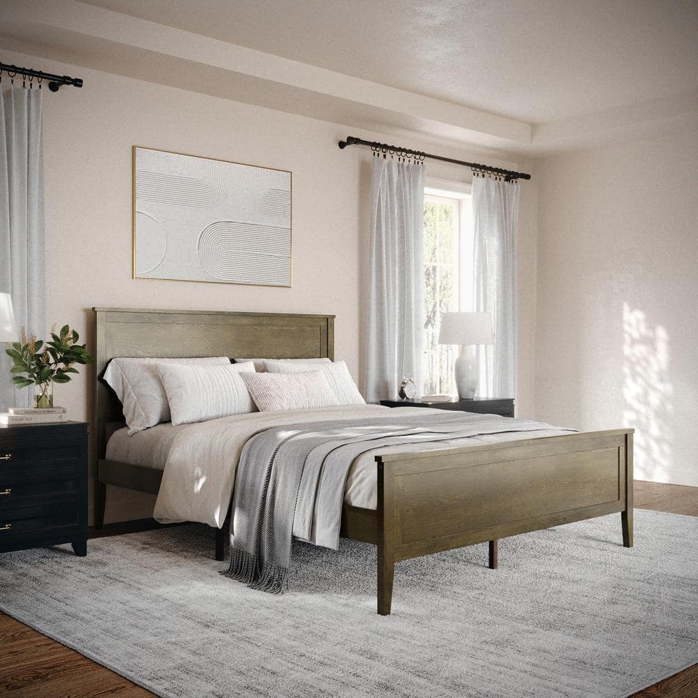 Brown Gray Queen Solid Wood Platform Bed with Headboard and Slats