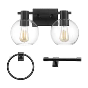 Richmond 15 in. 2-Light Matte Black Vanity Light 3-Piece All-In-One with Bathroom Accessory Set