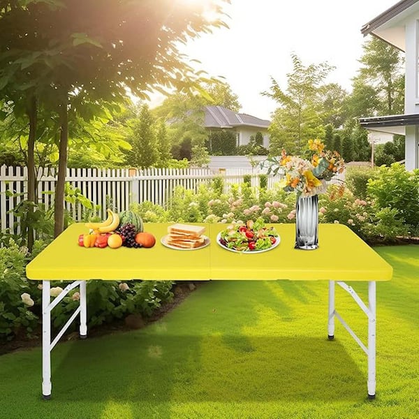 Unbranded 48 in. Rectangular Metal Portable Folding Picnic Table with Plastic Countertop Seats 6 People, Yellow