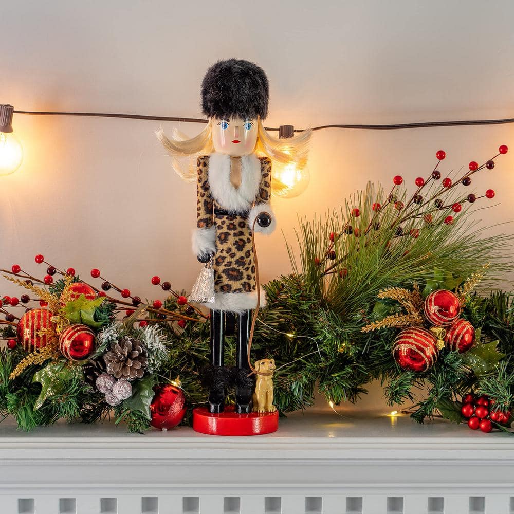 15" Leopard Print and Fur Christmas Nutcracker with Puppy