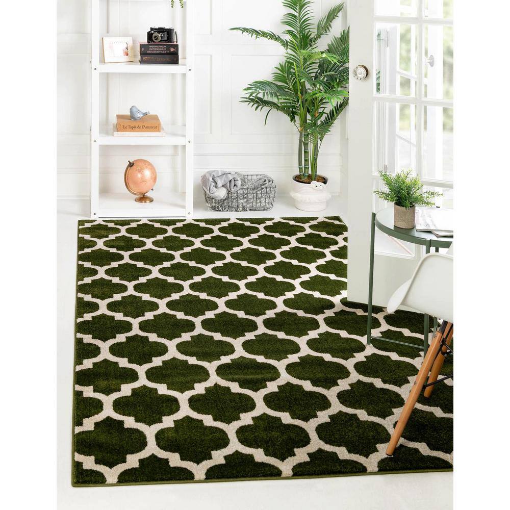 Elegant Dark Green Trellis Synthetic Indoor Rug, Stain-Resistant and Washable