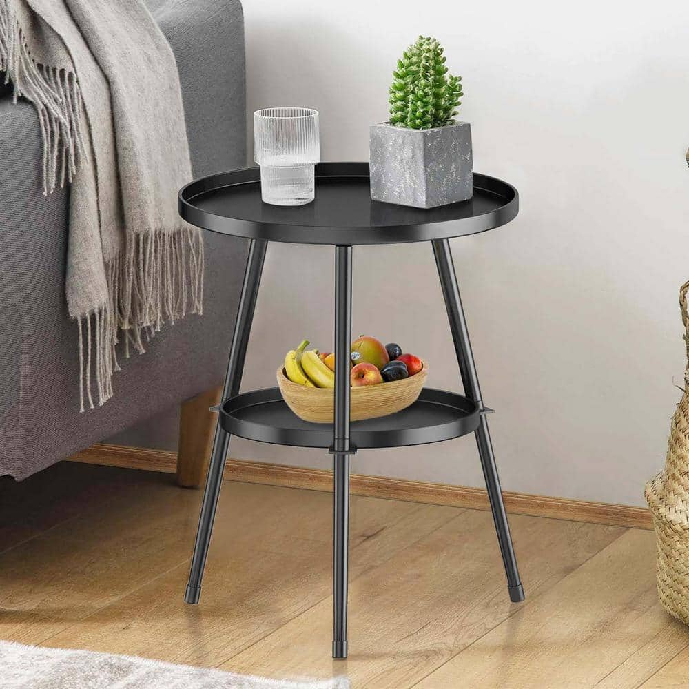 Set of 2 Black Round Metal Outdoor Side Table with Storage Shelf
