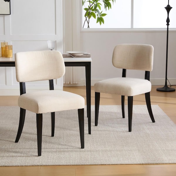 Angelic Mid-Century Modern Cream+Espresso Fabric Upholstered Dining Chairs with Wood Legs, (Set of 2)