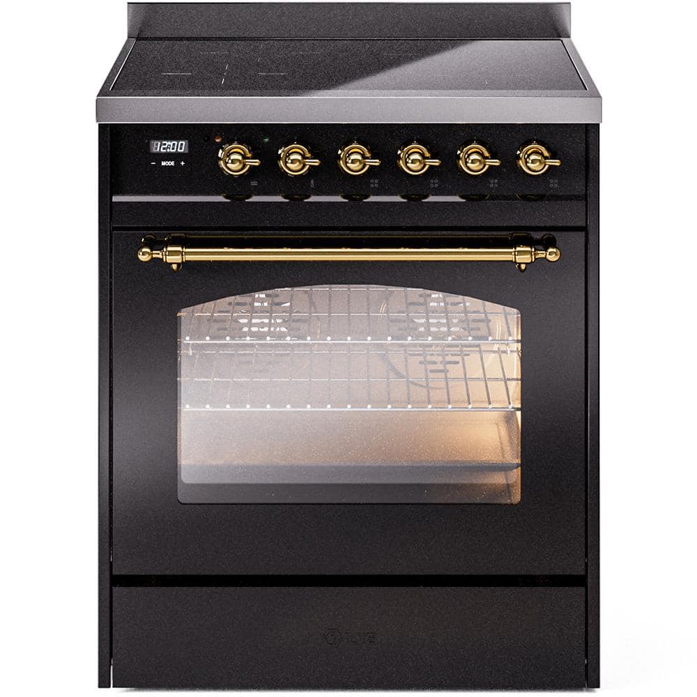 Nostalgie II 30 in. 4 Zone Freestanding Induction Range in Glossy Black with Brass -  ILVE, UPI304NMPBKG