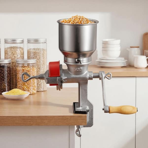 Manual Grain Mill, Durable Cast Iron Wheat Grinding Mill with Stable Table Clamp and Dust Cover, Hand-Crank Corn Grinder