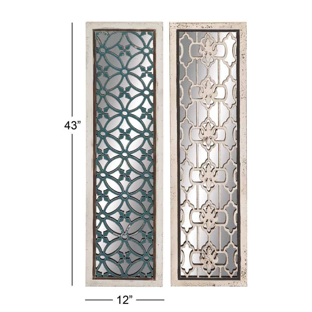 White and Blue Geometric Carved MDF Full Length Mirror Set
