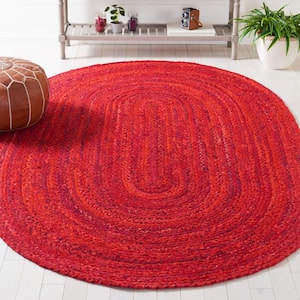 Braided Red 5 ft. x 8 ft. Solid Color Striped Oval Area Rug