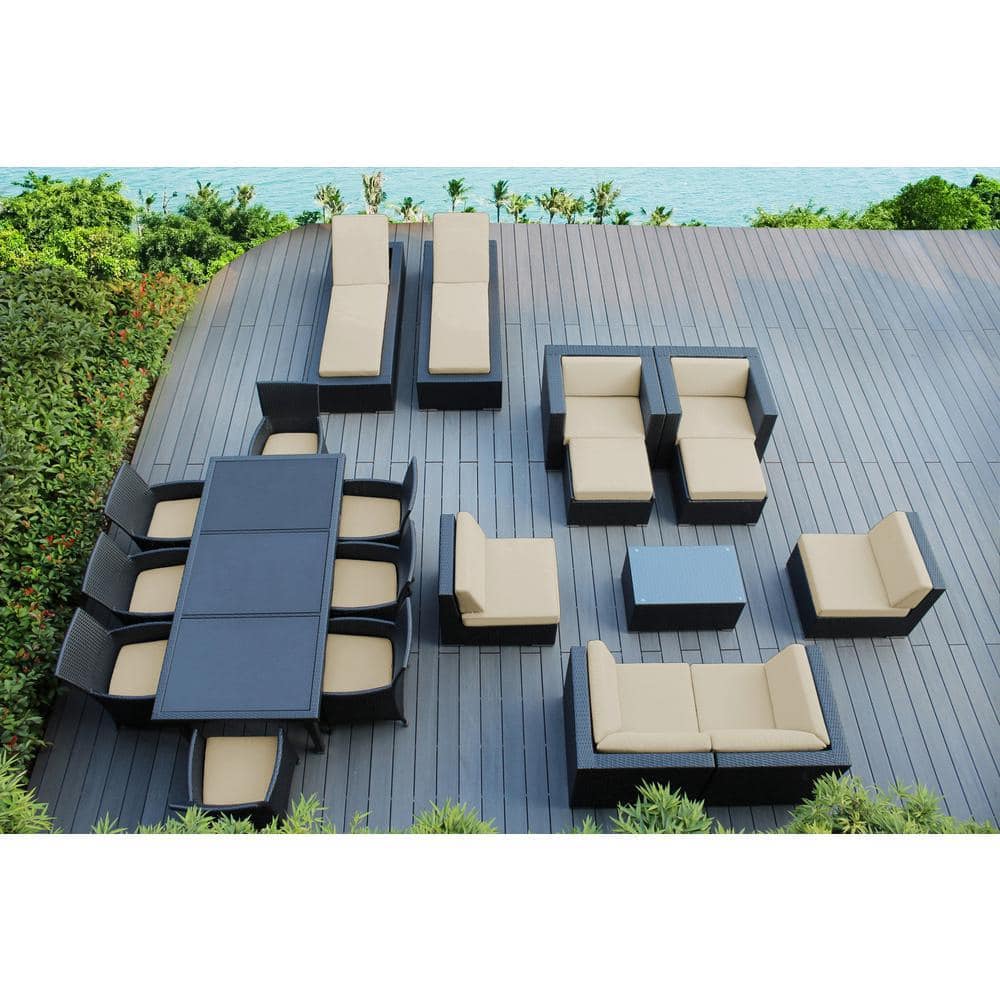 Black 20-Piece Wicker Patio Combo Conversation Set with Sunbrella Antique Beige Cushions