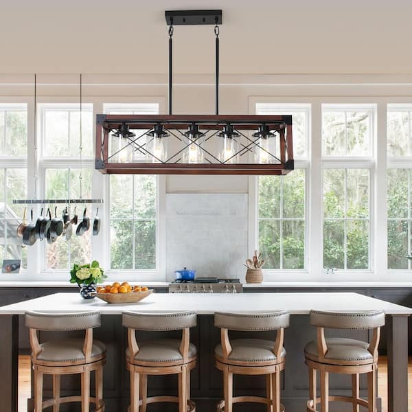 5-Light Retro Farmhouse Chandelier Pendant for Kitchen, Living room, Dining room in Red and Black with Glass Lampshade