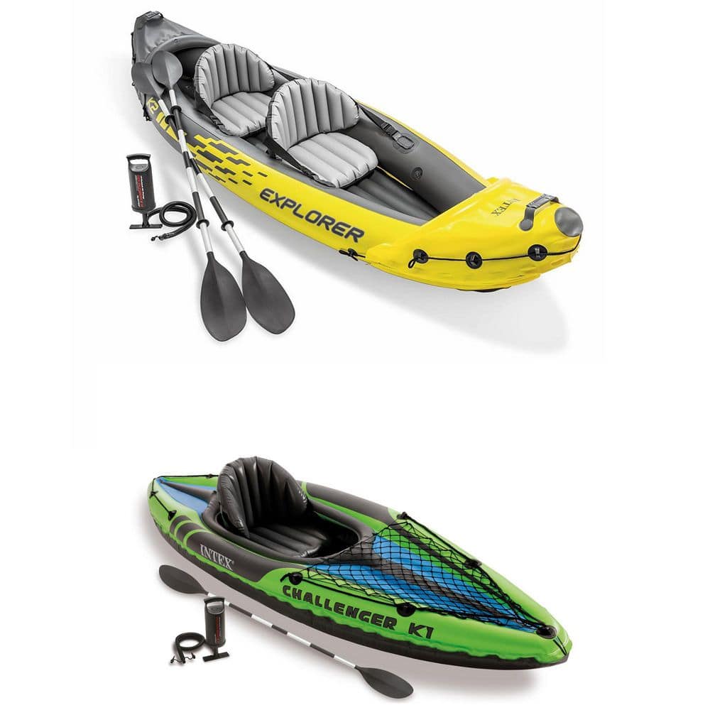 Intex 2-Person Inflatable Kayak with Oars, Pump & 1-Person Inflatable Kayak, Green