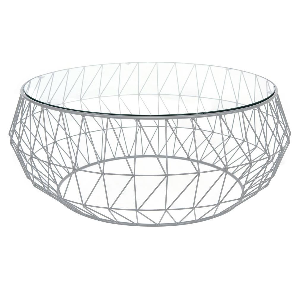 Gray Round Glass Top Coffee Table with Metal Geometric Base