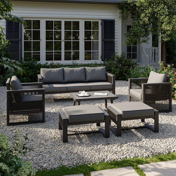 6-Piece Aluminum Patio Conversation Set with Dark Grey Cushions, Featuring Decorative Pull Cord Detailing