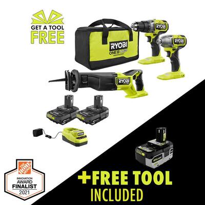 ONE+ HP 18V Brushless Cordless 3-Tool Combo Kit w/ (2) 1.5 Ah Batteries, Charger, & Bag w/ HIGH PERFORMANCE 4 Ah Battery