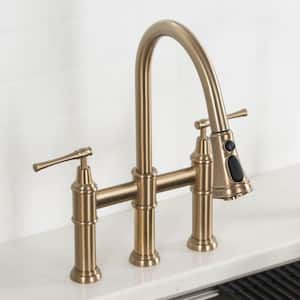 Allyn Transitional 2-Handle Bridge Kitchen Faucet with Pull-Down Sprayhead in Brushed Gold