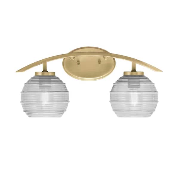 Unbranded Siena 18.25 in. 2-Light Vanity Light New Age Brass with 6 in. Clear Ribbed Glass Shades, No Bulbs Included