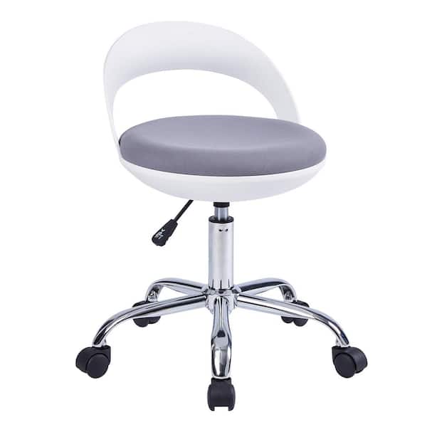 VECELO Rolling Office Stool Fabric with Swivel Wheels Height Adjustable Ergonomic Salon Chair in Gray Armless Back Support,
