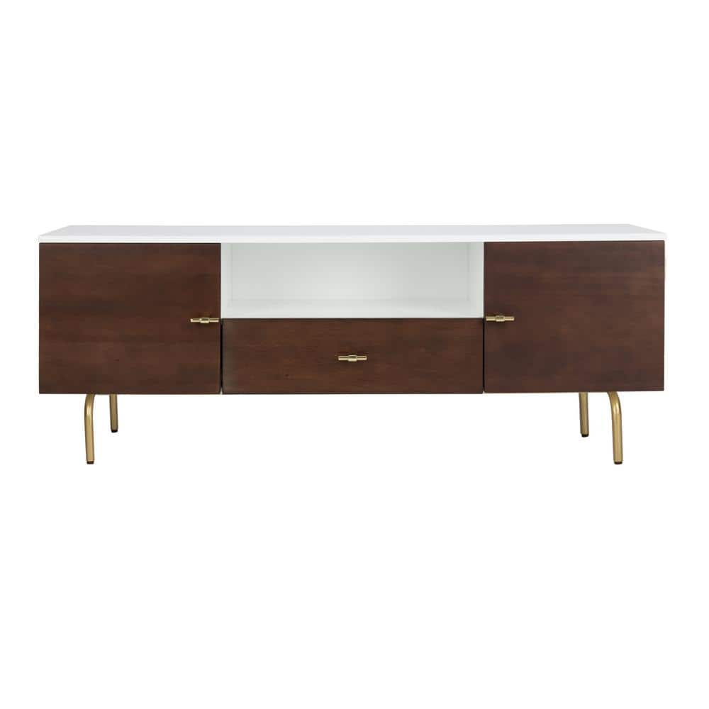 Genevieve 54" White and Walnut TV Stand with Gold Legs