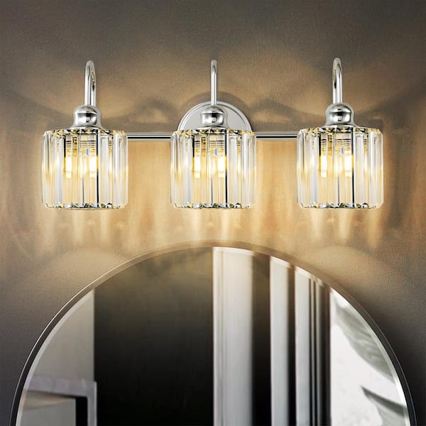 Avenlur 21.3 in. 3-Light Chrome Dimmable Glam Crystal Bathroom Vanity Light Over Mirror Vintage Luxury Linear Wall Light