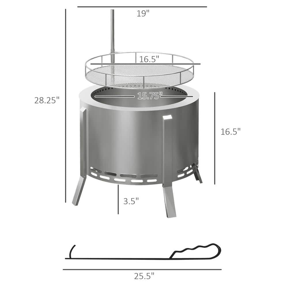 Outsunny 19" Silver Stainless Steel Smokeless Fire Pit BBQ Grill