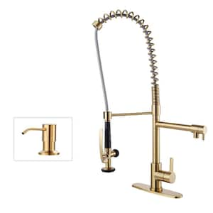 Single Handle Pull Out Sprayer Kitchen Faucet Deckplate Included with Soap Dispenser in Brushed Gold