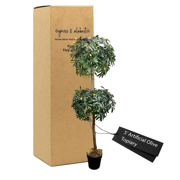 CYPRESS & ALABASTER Handmade 5 ft. Artificial Olive Topiary Tree in Home Basics Starter Pot Made with Real Wood and Moss Accents