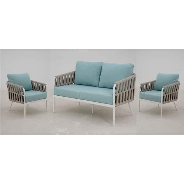 Baywood White Metal Beige Rope Outdoor Lounge Chair With CushionGuard Light Blue Cushions