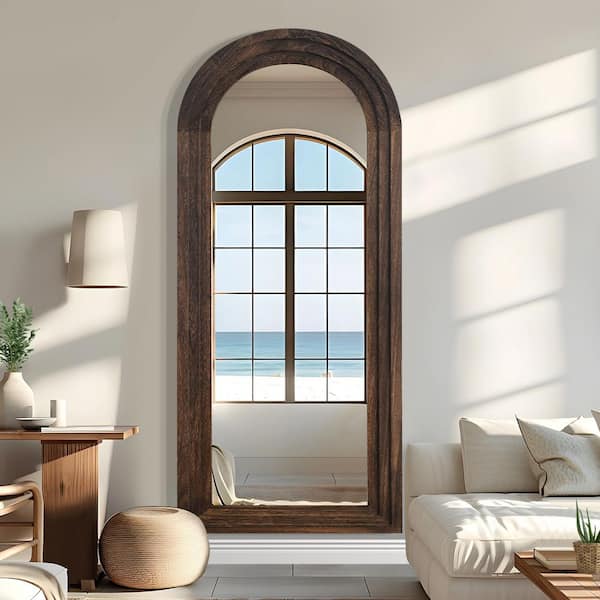 Brown 31 in. W x 70 in. H Right Angle Arched Solid Wood Staircase Full Length Mirror (No Bracket)