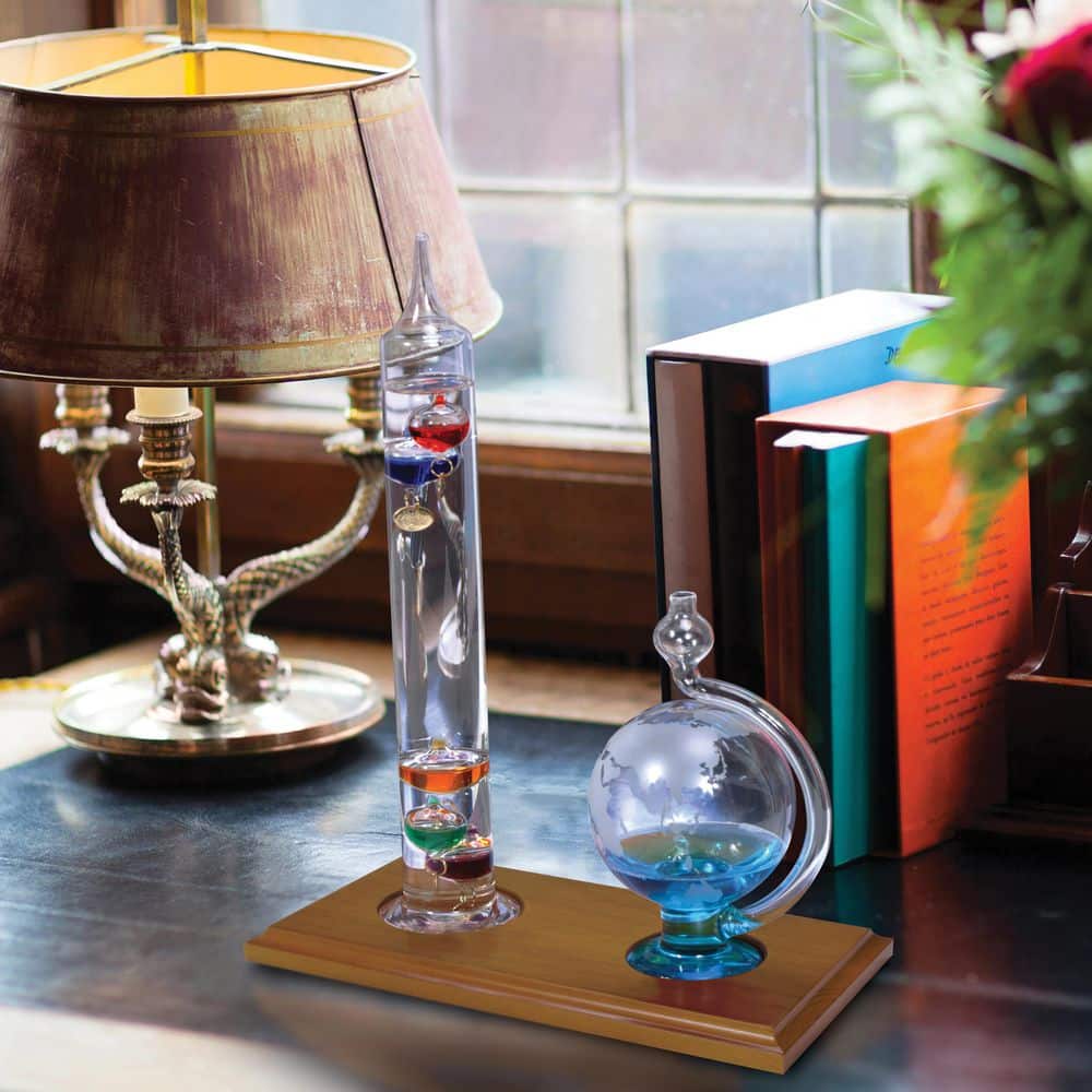 Galileo Glass Thermometer and Barometer with Wooden Base