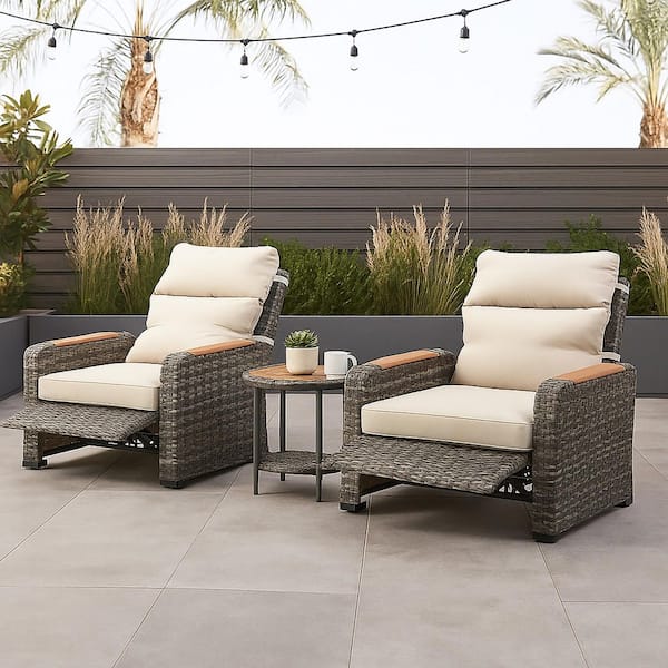 3-Piece Outdoor Gray Wicker Recliner Set with Beige Cushions and Wood Armrests