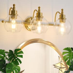 22.4 in. 3-Light Gold Vanity Light with Clear Glass Shade, Modern Bathroom Vanity Light