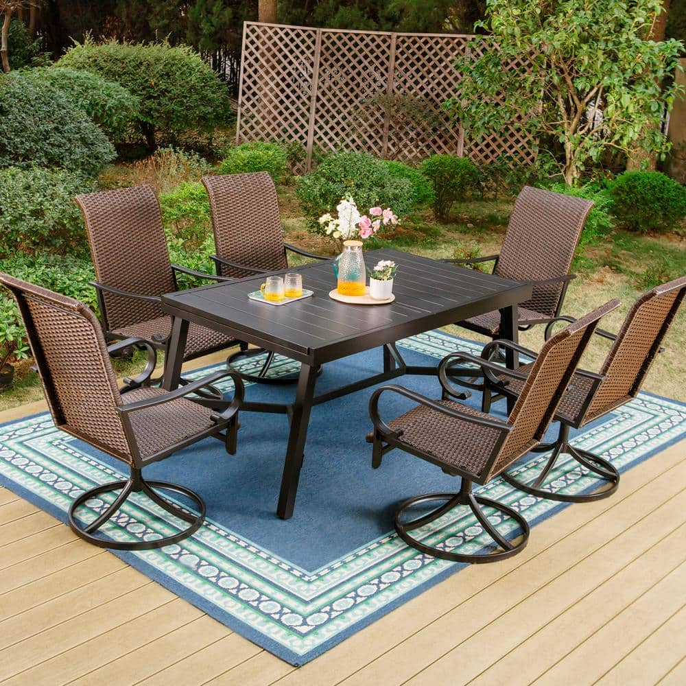 PHI VILLA 7-Piece Metal Outdoor Dining Set with Extensible Rectangular ...