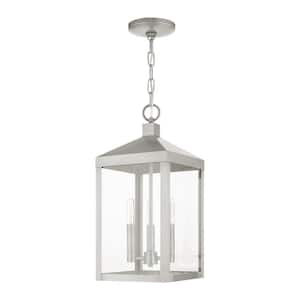 Creekview 18.5 in. 3-Light Brushed Nickel Dimmable Outdoor Pendant Light with Clear Glass and No Bulbs Included