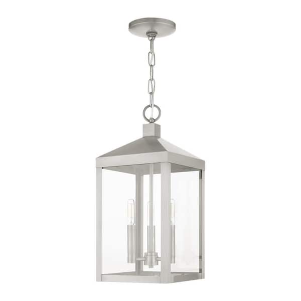 AVIANCE LIGHTING Creekview 18.5 in. 3-Light Brushed Nickel Dimmable Outdoor Pendant Light with Clear Glass and No Bulbs Included