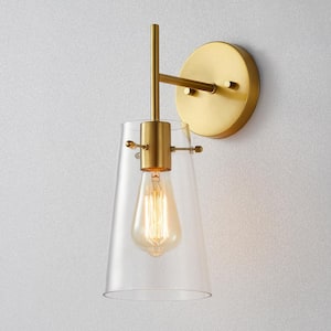 1-Light Antique Brass Armed Sconce with Clear Glass Shade