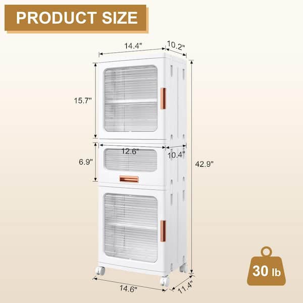 Modern Accent Storage Cabinet with Doors & Wheels, Multi-Tier Rolling Organizer with Adjustable Shelves, White 42.9 in.