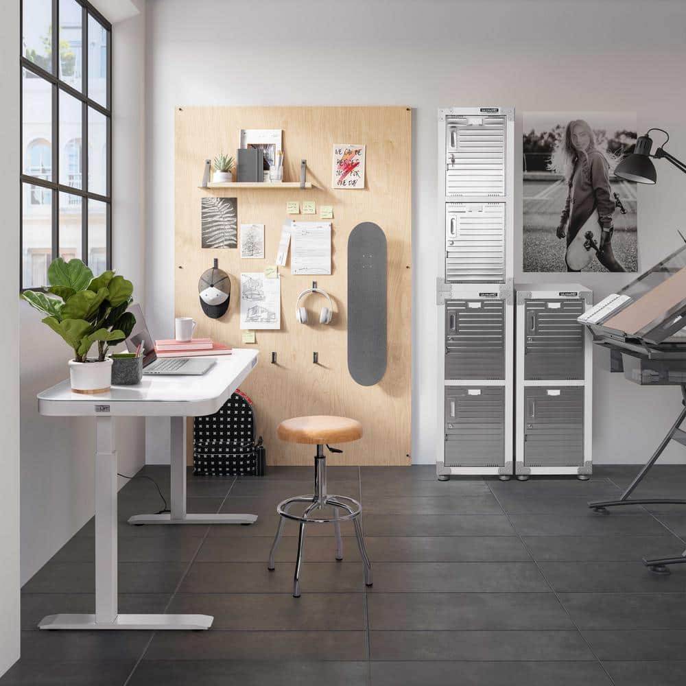 White Adjustable Height Glass Standing Desk with USB Ports and Drawer