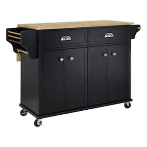 Black Wood 51.88 in. Kitchen Island with Storage, Rack, 2-Drawers