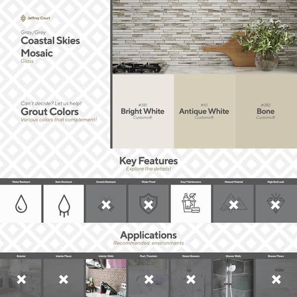 Jeffrey Court Coastal Skies Grey 14 in. x 11.75 in. x 8 mm Interlocking Glossy Glass Mosaic Tile