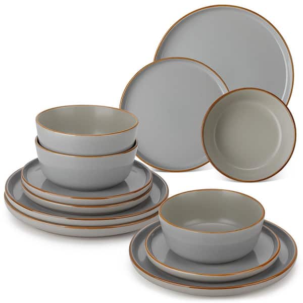 12-Piece Gray Stoneware Dinnerware Set Service for 4 Dinner Service Set with Dinner Plates Dessert Plates and Bowls