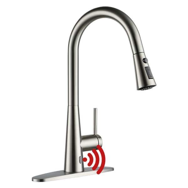 Boyel Living 3-Spray Patterns Single Handle Touchless Pull Down Sprayer Kitchen Faucet with Deckplate Included in Brushed Nickel