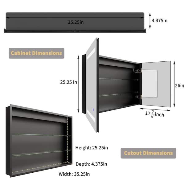 Velux 36 in. W x 26 in. H Rectangular Silver Aluminum Recessed/Surface Mount Dual Swing Medicine Cabinet with Mirror LED