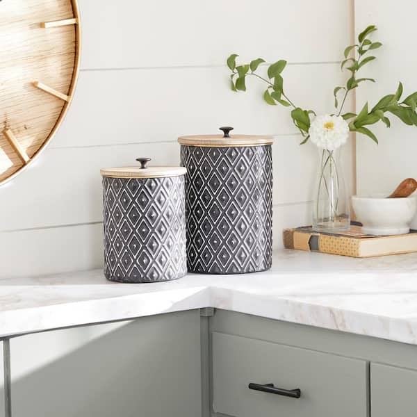 Litton Lane Black Metal Geometric Decorative Jars with Wood Lids (Set of 2)