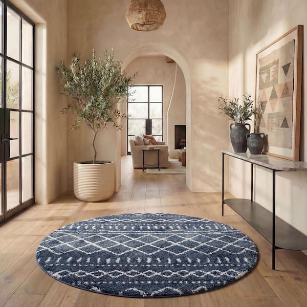 Arizona 7 ft. x 7 ft. Slate Blue/Ivory Geometric Round Rug