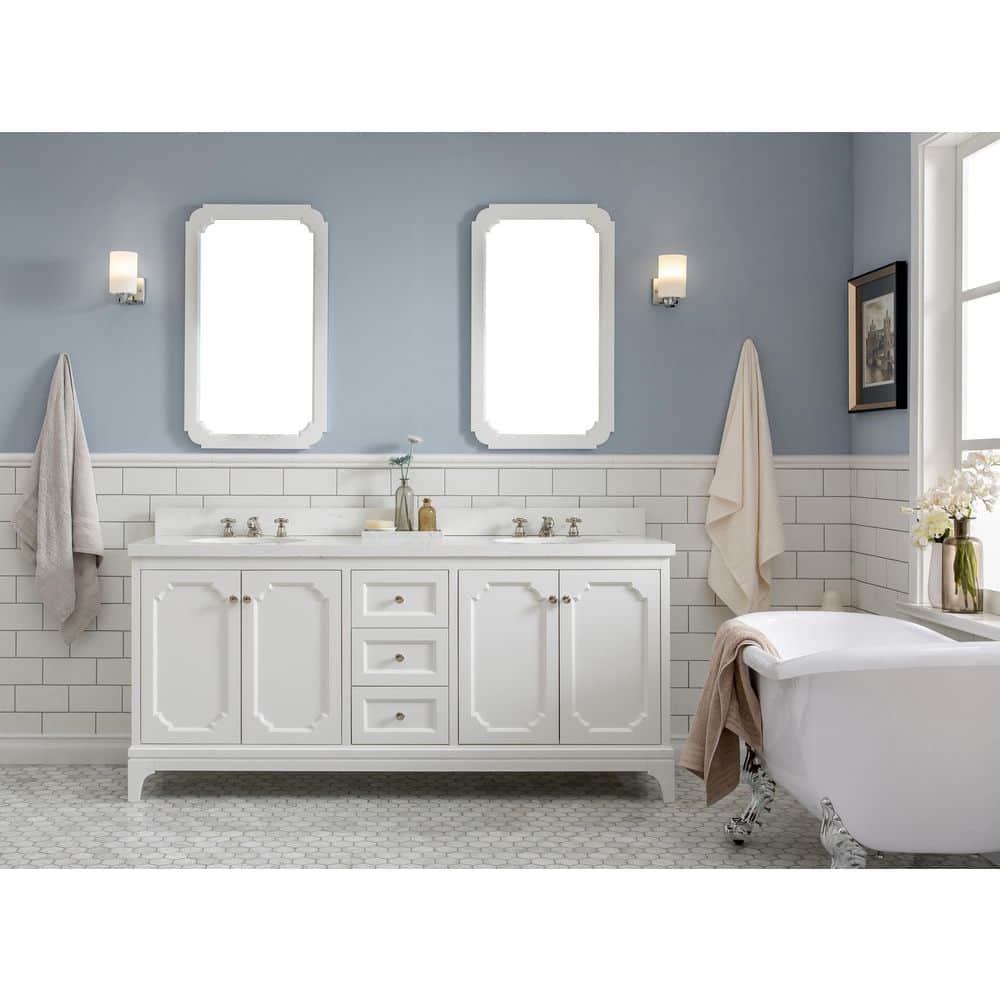 Queen 72 in. Pure White With Quartz Carrara Vanity Top With Ceramics White Basins and Mirror price history on PriceWatchPro