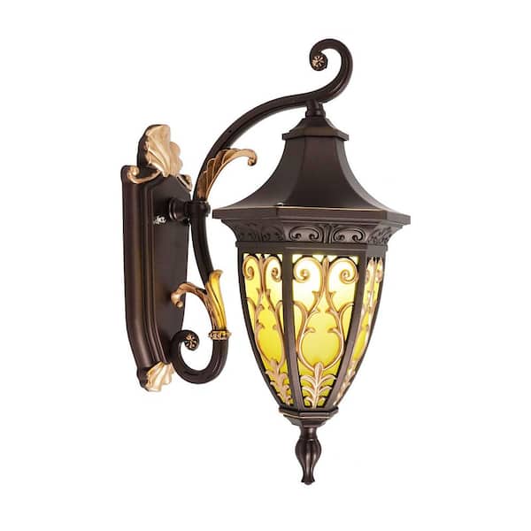 OUKANING 15.74 Bronze and Gold Retro Indoor/Outdoor Hardwired Wall Lantern Sconce with Glass Shade, No Bulbs Included