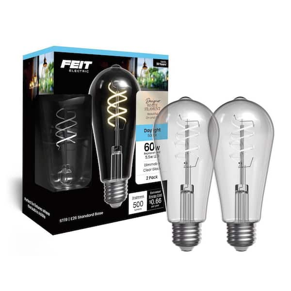 60W Equiv. ST19 Dim. Dual Spiral White Filament Clear E26 Vintage Edison Straight Tapered LED Light Bulb Daylight 2-Pack