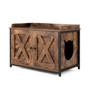 Wood Cat Litter Box Enclosure with Double Doors and Adjustable Footpads-Brown